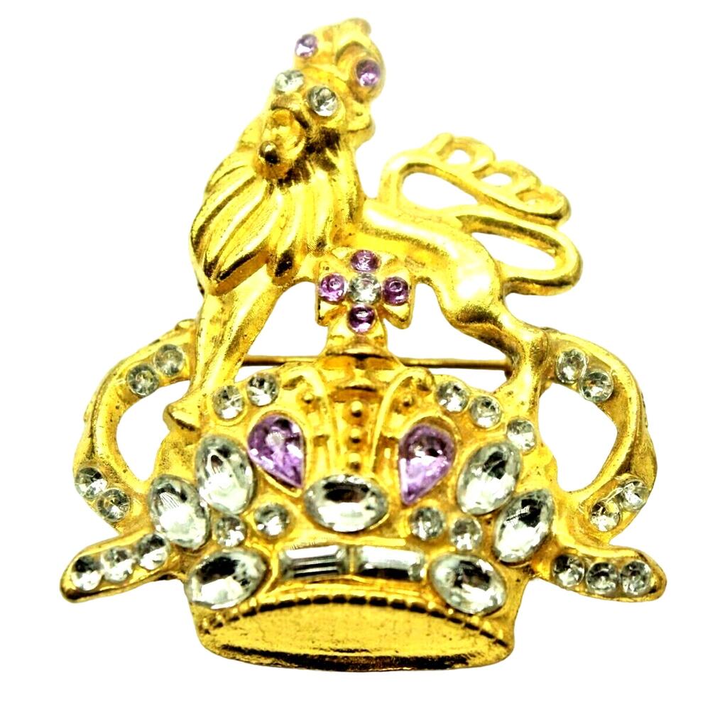 TBN Ten Prayer Lion Jeweled Crown Goldtone Brooch Pin